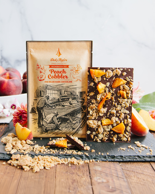 Peach cobbler microbatch with crumble and dried fruit on back of the bar