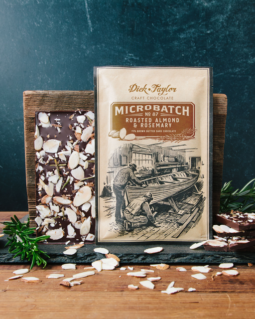 Microbatch 87 package, roasted almonds, rosemary, brown butter chocolate bar