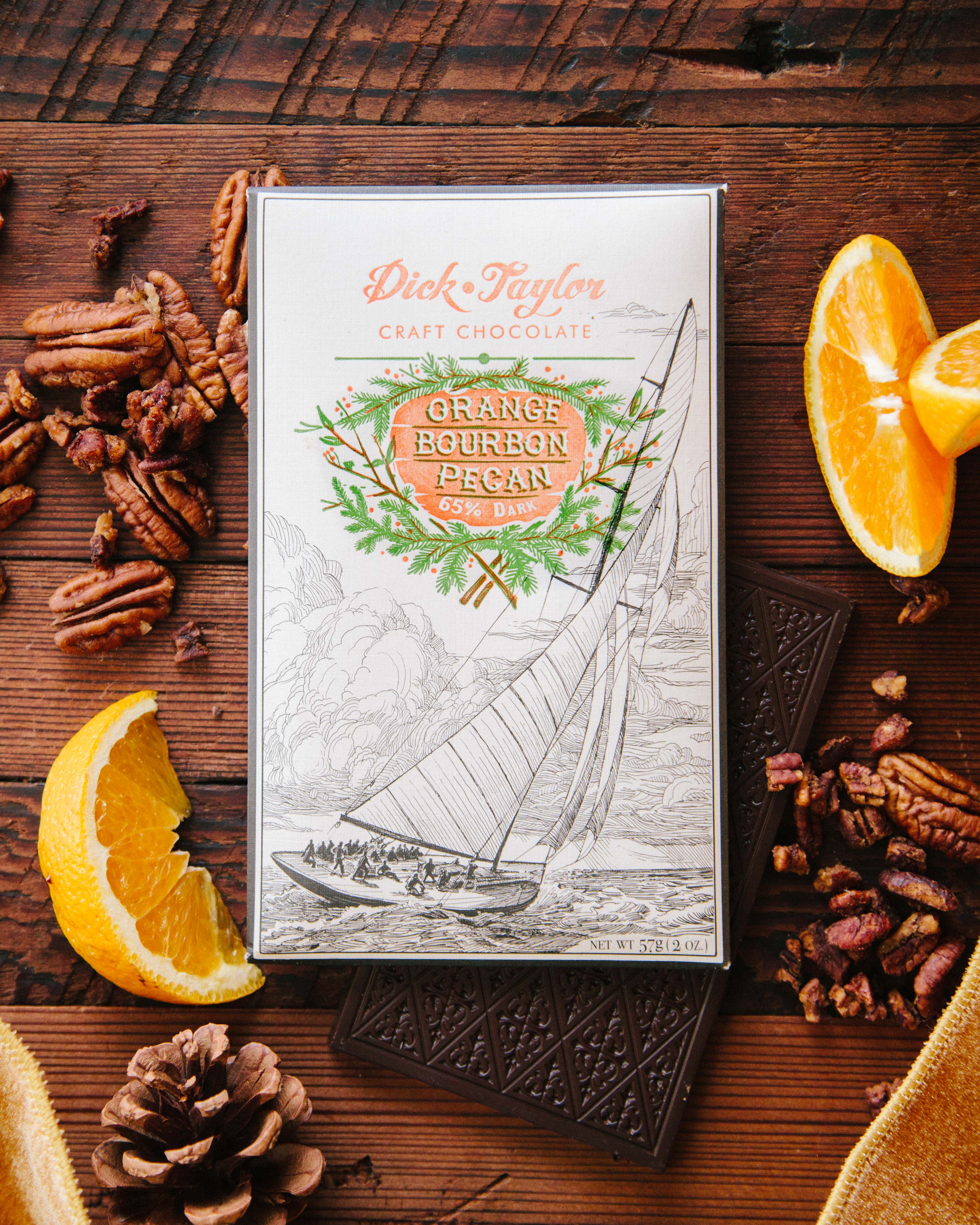 Orange Bourbon Pecan Dark Chocolate Bar – Dick Taylor Craft Chocolate